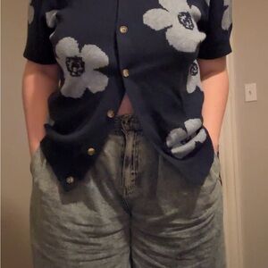 Navy Floral Short-Sleeve Cardigan Sweater